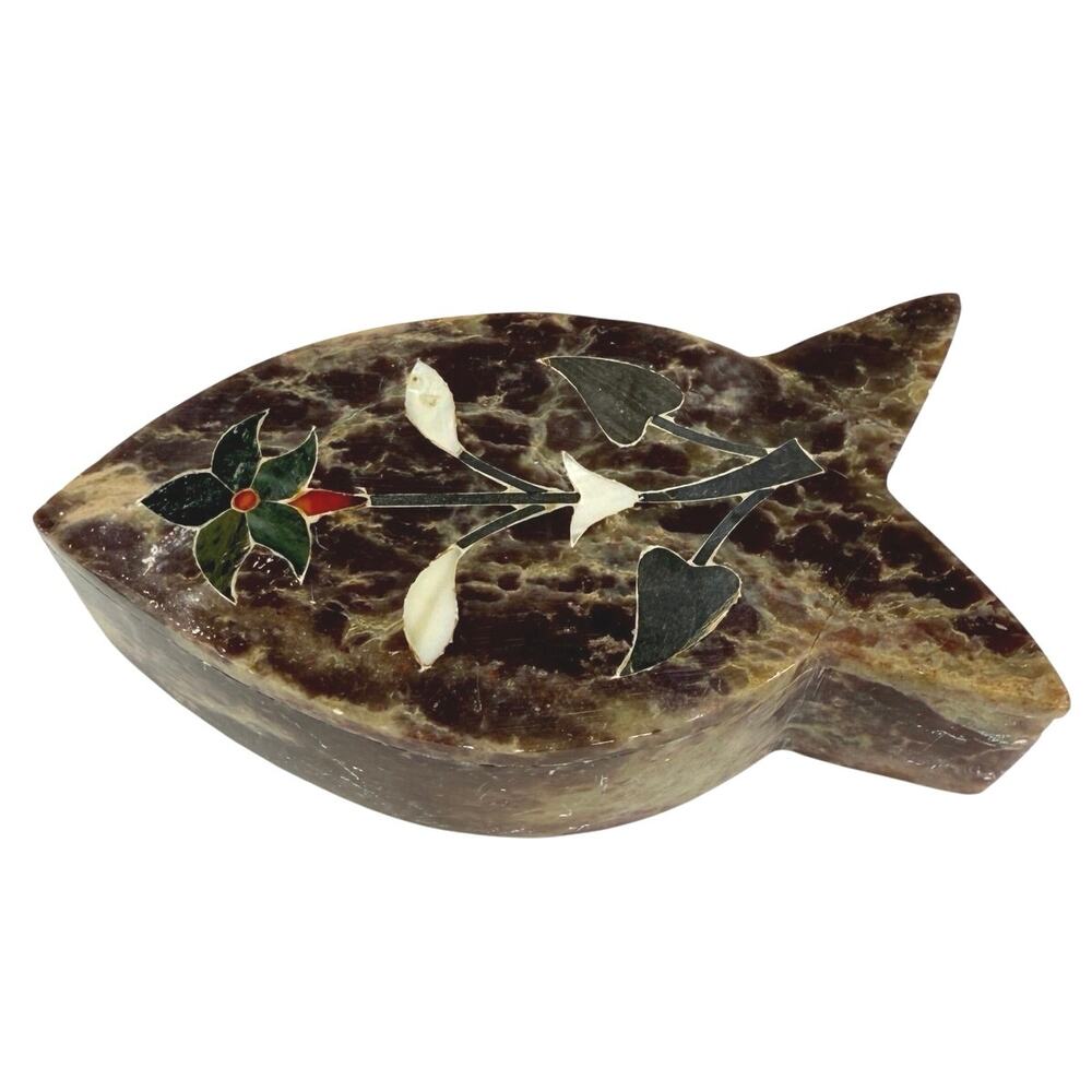 Vintage Fish Soapstone Trinket Box Floral Inlay 5” x 1.5” Made in India
